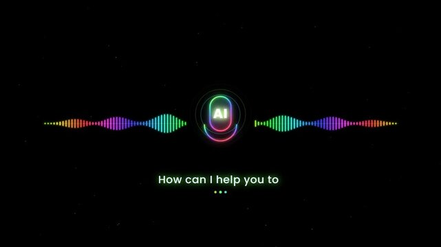 AI voice assistant interface animation with rainbow sound wave visualizer and chatbot text on dark screen