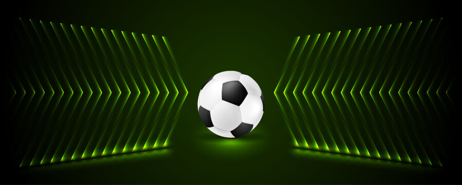 Abstract vector football sports background with realistic soccer ball centered between dynamic glowing green neon arrow lines on dark backdrop with copy space