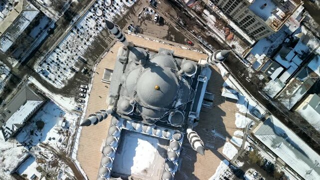 Imam Sarahsi Bishkek Central Mosque, drone top-down slow rotation shot