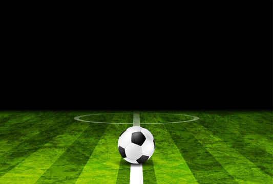 Abstract background of classic soccer ball on textured green grunge grass field with central line and black backdrop with copy space for sports template. Vector football design