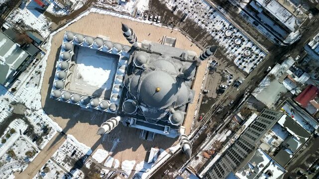 Imam Sarahsi Bishkek Central Mosque, drone top-down spinning shot