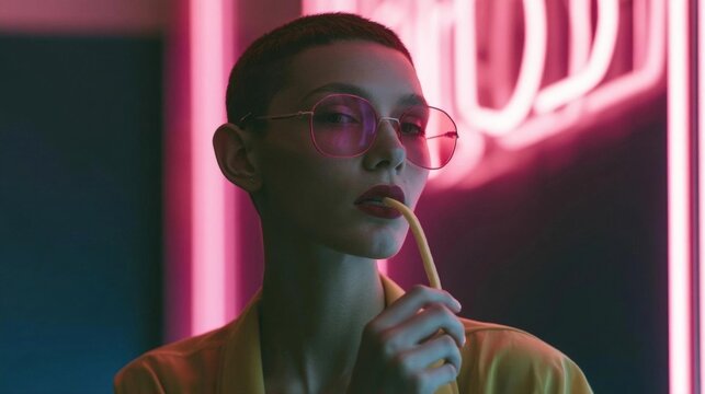 Portrait of a young woman with short hair and pink glasses. she is wearing a yellow blouse and is holding a straw in her mouth.