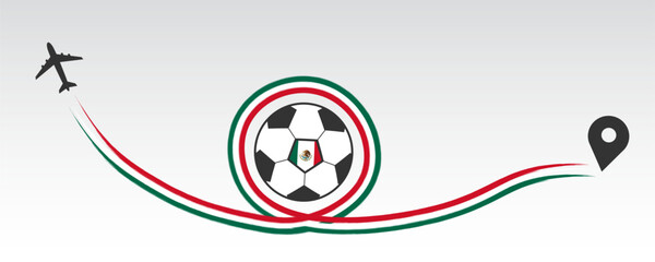 Fototapeta na wymiar Soccer ball, sports travel concept. Symbol of airplane, air plane, aircraft, aeroplane, flying, fly jet airline. Line path from colors of Mexican flag. Vector location pointer route. EPS10.