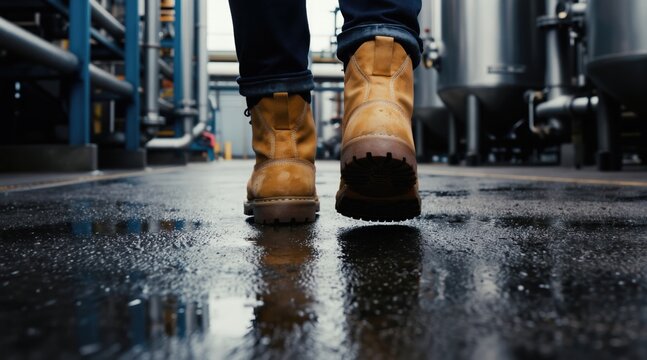 Worker walks on wet industrial floor in safety boots. Metal pipes and tanks visible in background. Focus on footwear and slippery surface. Safety hazard in factory.