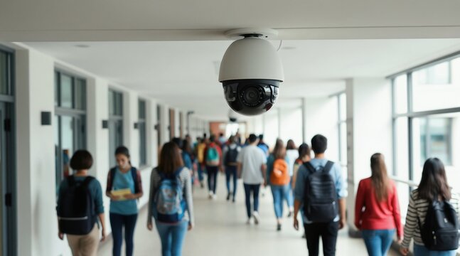 Dome security camera watches diverse students walking in school hallway. Modern building interior with many young people moving between classes.