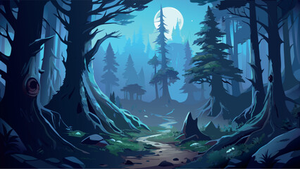 Mystical enchanted forest at night with a bright full moon and ancient trees, vector illustration background © SABIHA