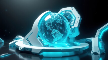 Obraz premium Futuristic display showcases glowing Earth within protective sphere. Bright cyan illumination highlights complex metallic structure. Dark background emphasizes technology.