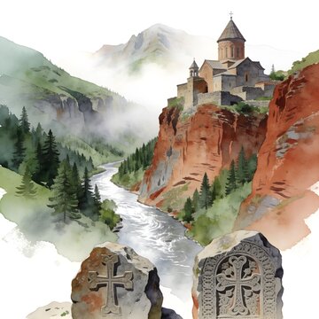 Watercolor Illustration of Armenia's Debed Canyon &mdash; Ancient Monastery, Morning Mist, Heritage Landscape