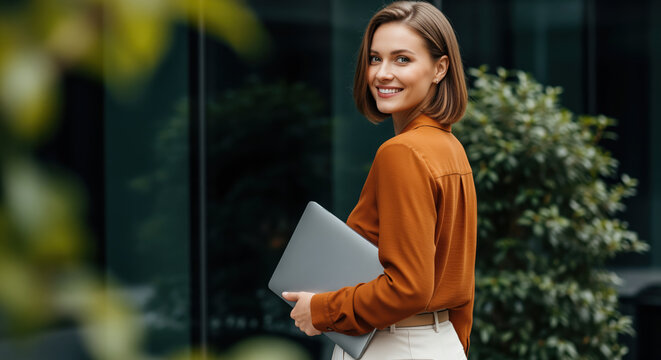 Career change and job search narrative with smiling woman holding laptop outdoors, useful for recruitment services, online learning programs and workforce training pages about new work direction