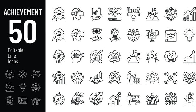 Set of 50 business achievement and success line icons Vector, illustration