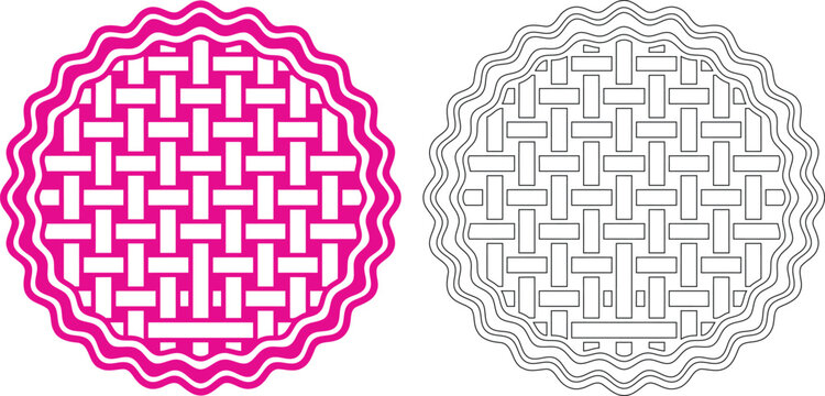 Two pie top crusts in pink and black line art silhouette