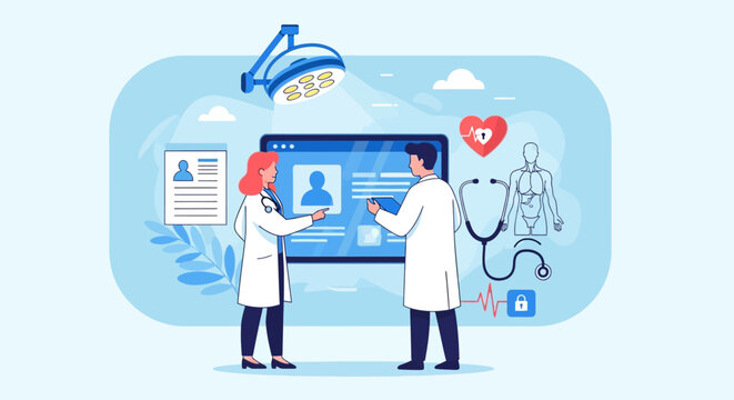 Medical professionals interact with a large computer screen displaying patient information in a modern office setting.