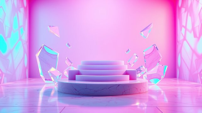 Abstract stage design. Pink, purple lighting creates vibrant atmosphere. Shattered glass fragments float around pedestal steps. Modern, digital rendering.