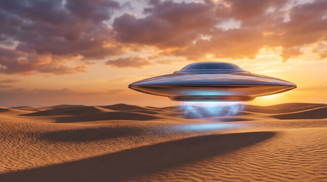 A classic silver flying saucer (UFO) hovers low over a vast, sandy desert landscape under a dramatic sunset sky with glowing clouds.
