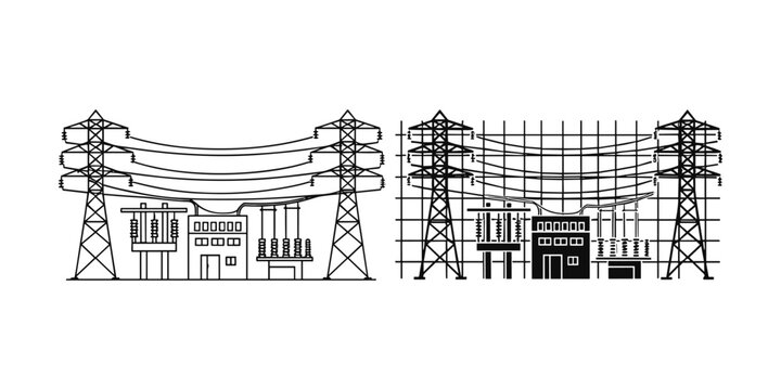 Electrical substation with power lines against a grid background during daytime stylized drawing