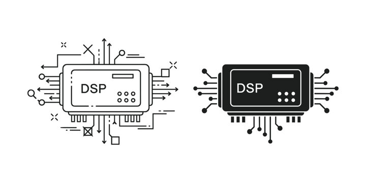 Digital signal processor chip in outline and solid styles with circuit connections for technology concepts