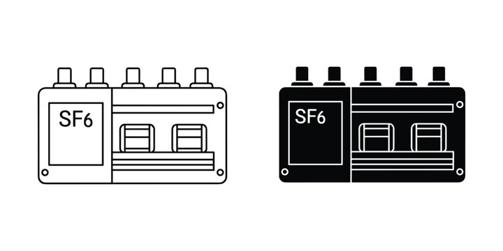 SF6 gas insulated electrical switchgear component line drawing and silhouette isolated on white background