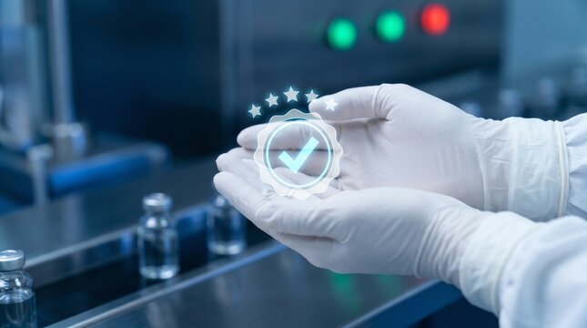 Gloved hands holding digital quality assurance icon in pharmaceutical factory
