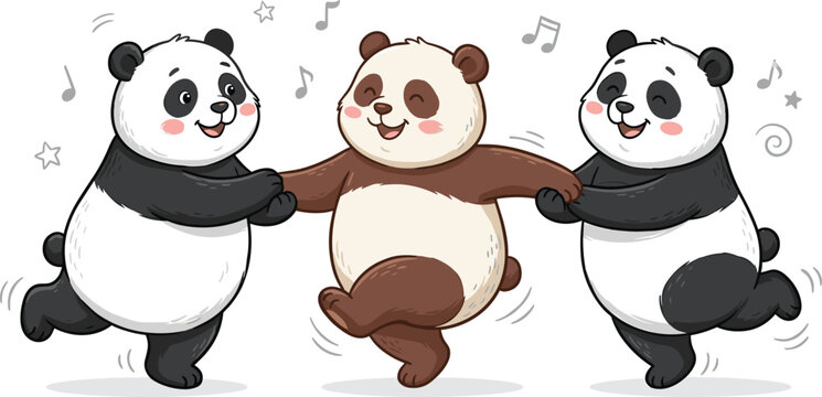 Cute Cartoon Panda Trio Dancing and Holding Hands Together with Music Notes and Stars in Black White and Brown Colors for Kids Designs