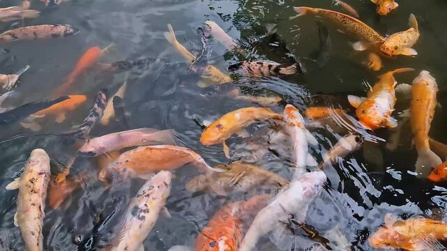Surface view of several popular ornamental fish species floating and moving as if begging for food in an artificial pond. Close-up of colorful pet fish in a pond with clear water for relaxing.