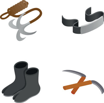 Ninja stealth gear with grappling hook, kama, tabi boots, and gauntlet headband