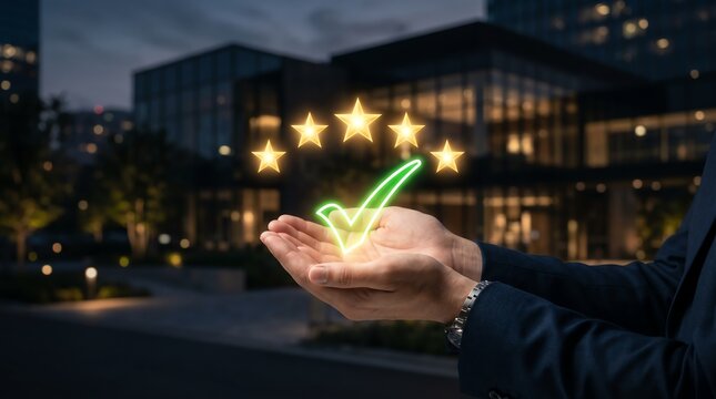 Exceptional service rating with glowing stars and a green checkmark, signifying perfect customer satisfaction and business excellence