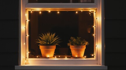 Obraz premium Potted plants sit on window sill with warm string lights at night. Cozy illumination creates inviting ambiance for home exterior. Nighttime scene with glowing bulbs.