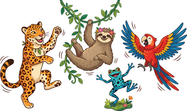 Cute Dancing Jungle Animals Vector Set with Leopard, Sloth, Frog, and Parrot Cartoon Characters for Kids and Tropical Designs