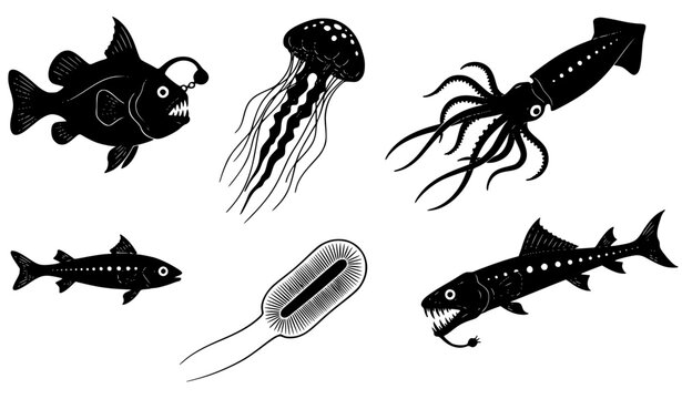 Six bioluminescent deep sea creature silhouettes vector set