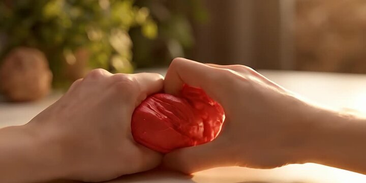 Close up of hands stretching vibrant red sensory slime toy