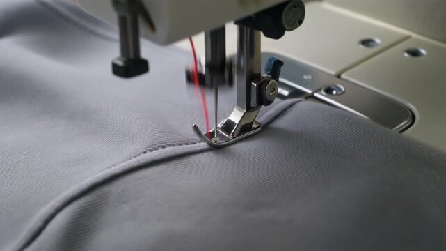 Industrial Sewing Machine Stitching Grey Fabric With Red Thread For Garment And Textile Production
