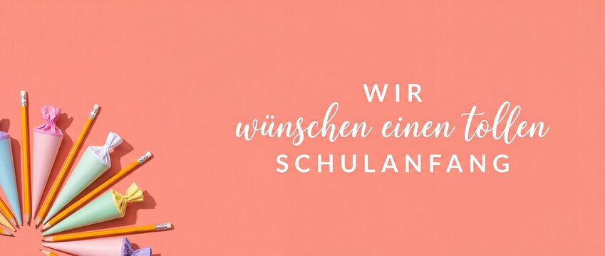 School cone German Schulanfang banner with pencils on coral background wishing a great first day of school for kids, minimalist education flat lay, German tradition Einschulung concept backdrop.