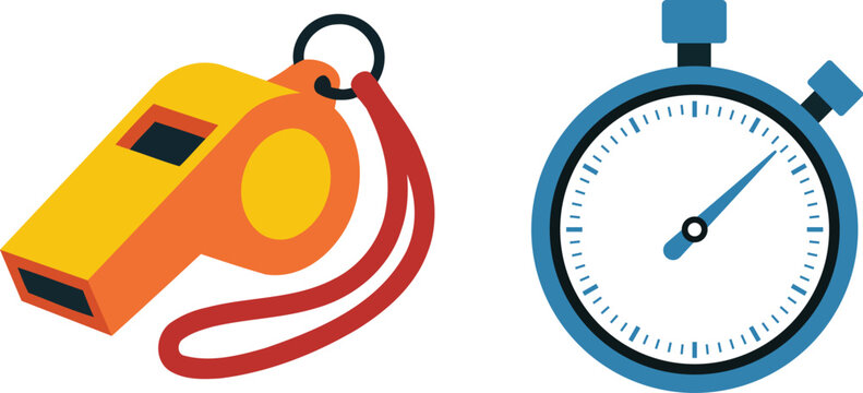 Referee whistle and stopwatch flat vector illustration silhouette