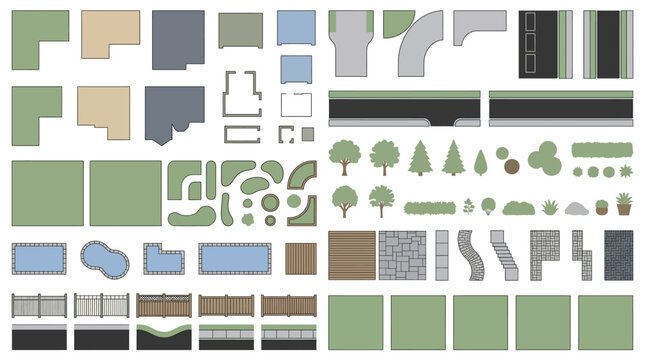 Real estate site plan graphic vector kit with house footprints, driveways, lawns, pools, gardens and property landscape elements