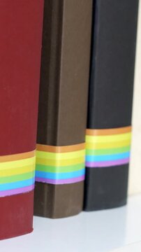 Happy young woman removing a book with rainbow flag from a shelf in a college library