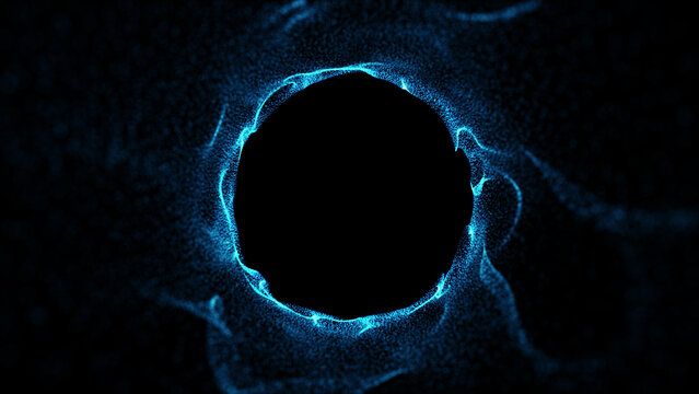 Electric blue particle vortex circular energy portal flowing data points. Abstract glow blue tunnel volumetric depth. Scientific blue background particle. Abstract blue point tunnel