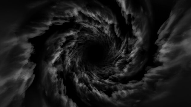 Black sky clouds. Dark outsider. Black abstract smoke background. Black tornado twist. Abstract dark swirling cloud vortex tunnel, deep shadow, mystery, chaos, collapse spiral smoke fog