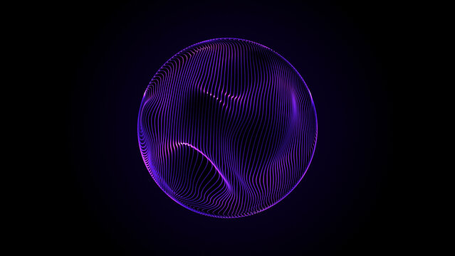 Abstract purple wireframe sphere formed by flowing neon lines on black background. Orb representing global data streams, AI intelligence core, cyber networks, depth, volumetric light