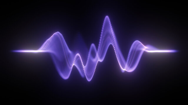 Purple glowing waveform with luminous particle dots forming a dynamic audio signal line, blue symbolizing sound energy, frequency modulation, digital music, violet sonic technology