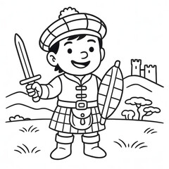Obraz premium Cartoon Scottish Child with Castle Line Art