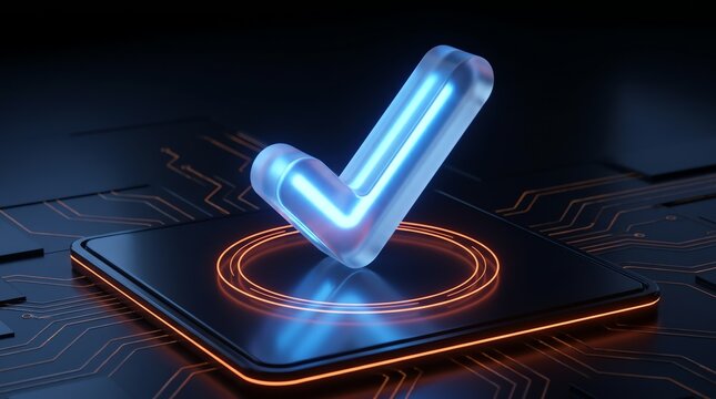 3D glowing frosted glass checkmark on a digital electronic platform symbolizing system success and completed tasks