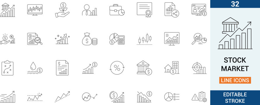 Stock market vector line icon set. Featuring financial trading graph, business investment growth and forex exchange profit.