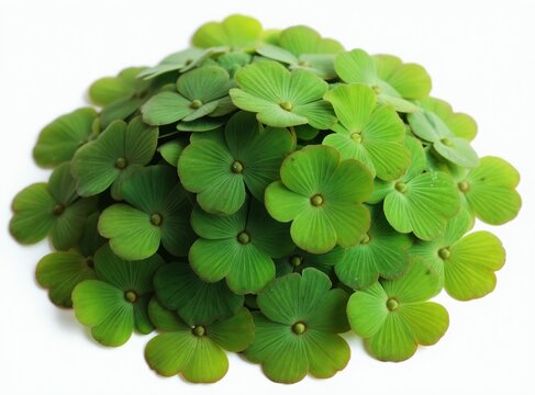 Cluster of bright green duckweed floating on water surface. Small aquatic plant leaves overlap creating natural pattern. Fresh green foliage detail.