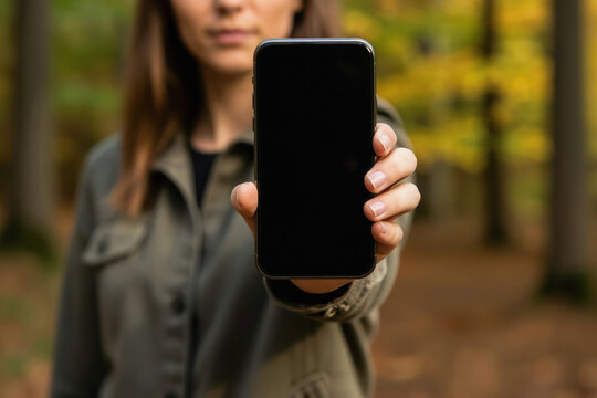 Young woman holds smartphone with blank screen in autumn forest. Blurred background shows trees with yellow foliage. Device has copy space for your ad.