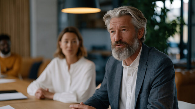 Two senior colleagues exchange pointed looks across a long table as a junior employee unwittingly takes credit for a shared project during a department presentation, office politics undercurrent rip