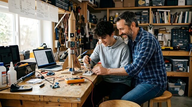 Two men working on electronics project in cluttered workshop with warm natural lighting for engineering
