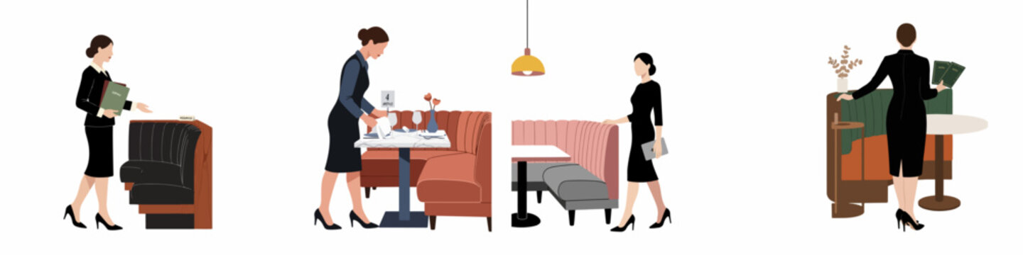 Set of flat illustrations depicting professional restaurant female staff, hostesses, and waitresses working in a modern dining environment with colorful booths.