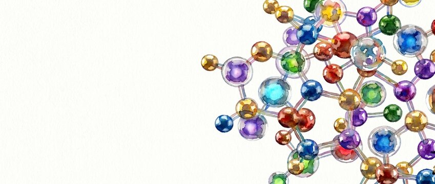  Abstract watercolor illustration of a colorful molecular structure. GLP-1, dopamine or serotonin hormone concept, wide banner isolated on a white background with copy space. Generative AI.