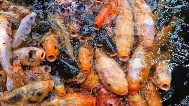 Surface view of several popular ornamental fish species floating and moving as if begging for food in an artificial pond. Close-up of colorful pet fish in a pond with clear water for relaxing.