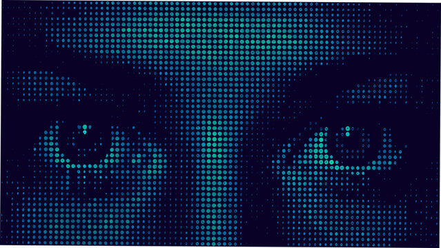 Teal and navy blue dotted pattern resembling a human eye digital illustration with a dark background abstract art circular close up concept